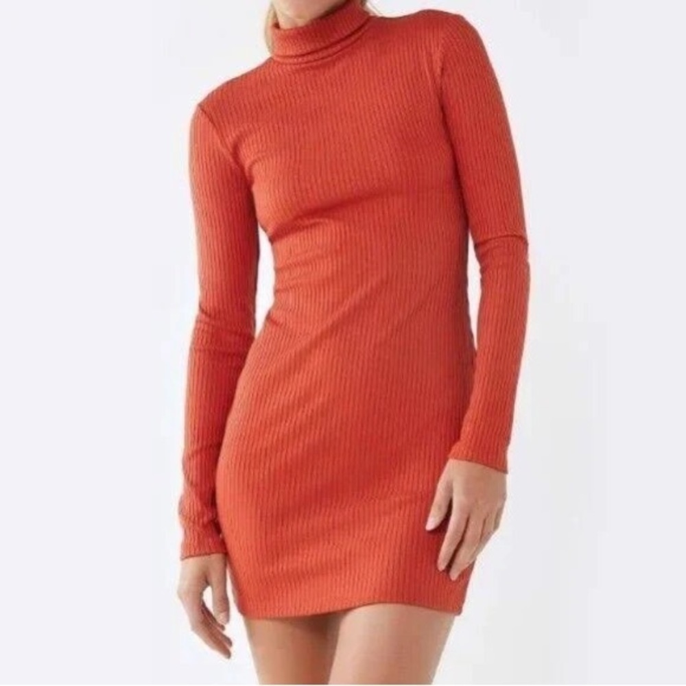 Urban Outfitters Bodycon Mock Neck Ribbed Burnt Orange Mini Dress NWT Size XS